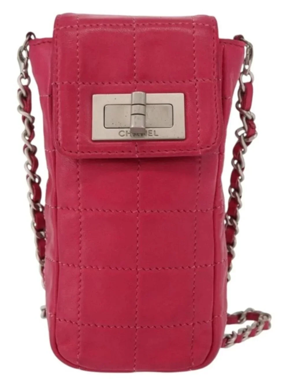 CHANEL Choco Bar line Chain Shoulder Bag Leather Pink Silver CC Auth BA8714